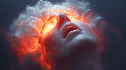 A figure appears lost in a moment of intense emotion, as vibrant fiery clouds burst from the head, creating a surreal ambiance filled with mystery and intrigue
