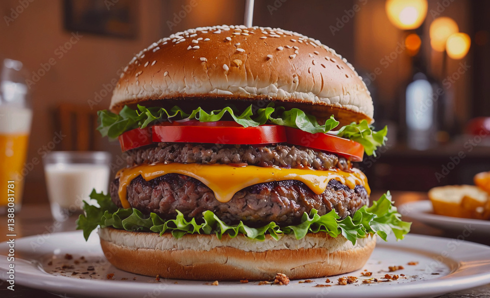 Poster large hamburger with lettuce and tomato on top. the bun is brown and has sesame seeds on it