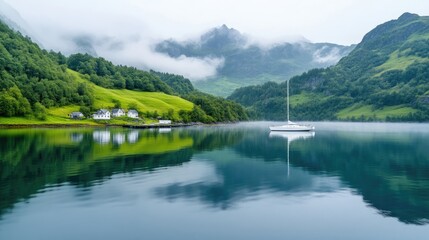 Fototapeta premium Misty fjord landscape with sailboat reflection