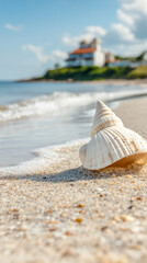 Obraz premium Serenity by the shore: seashell on sandy beach with gentle waves