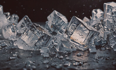 Pile of ice cubes with some of them broken. The ice cubes are scattered on the ground