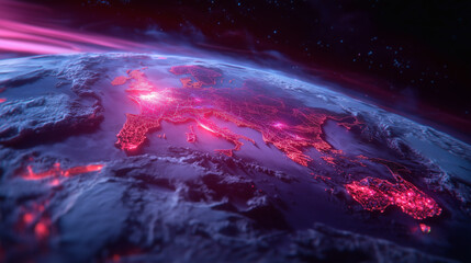 A vibrant digital representation highlights Europe's intricate web of connectivity and technological advancement, illuminated in pink against the dark backdrop of space
