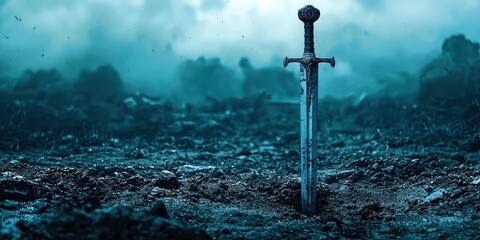 Naklejka premium A sword is standing in the middle of a foggy field