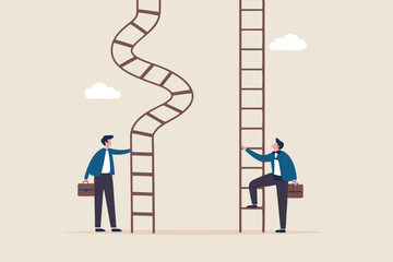 Career ladder challenge, difficulty step growth, different job opportunity or ambition, climbing ladder with obstacle concept, businessmen about to climb up easy and difficult career ladder.