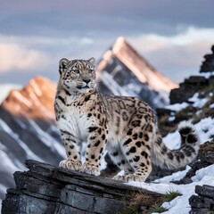 Obraz premium Snow Leopard Standing on Rocky Ledge in the Mountains