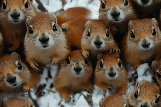 Curious red squirrels looking directly at camera in winter, multiple faces close up showing adorable expressions and furry details against snowy background.