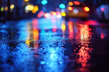 A wet street reflecting vibrant colors of city lights at night