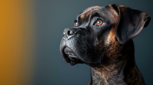 Close-up portrait of attentive Boxer dog with dark brindle coat against blurred background, showing distinctive facial features and alert amber eyes.