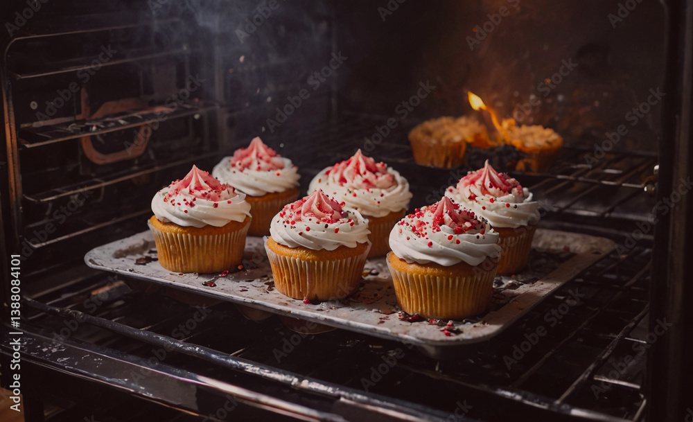 Poster tray of cupcakes is in an oven. the cupcakes are white and have red frosting