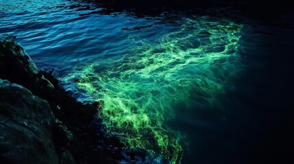 Glowing bioluminescent algae illuminating in dark water