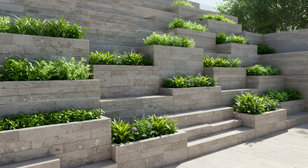 Modern Stepped Garden Design With Integrated Planters In Architectural Wall