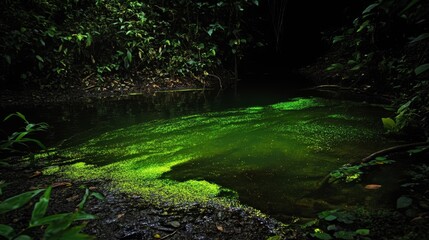 Obraz premium Glowing bioluminescent algae illuminating in dark water