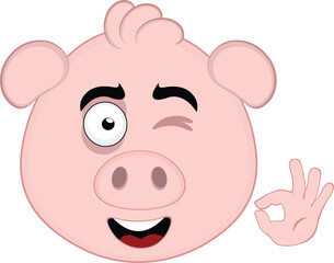 vector illustration emoji character face pig cartoon, winking eye and with his hand making an ok or perfect gesture