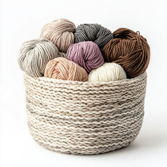Obraz premium yarn, yarn balls, neutral yarn, wool basket on white background