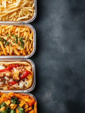 Variety of meal containers with pasta, fries, and other dishes