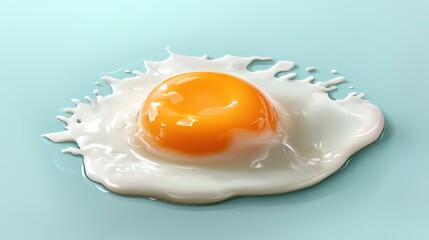 Broken egg with yolk spread wide on a cool cyan background