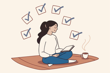 Work focus, concentration to complete tasks, efficiency or productivity success, multitasking, organize or planning to finish work concept, businesswoman meditate focus on work completed checkbox.