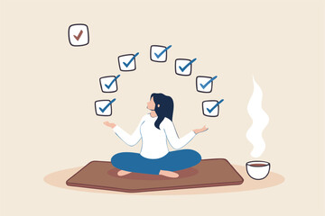 Work focus, concentration to complete tasks, efficiency or productivity success, multitasking, organize or planning to finish work concept, businesswoman meditate focus on work completed checkbox.