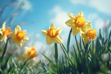 Obraz premium Beautiful yellow daffodils blooming in a sunlit garden with blue skies