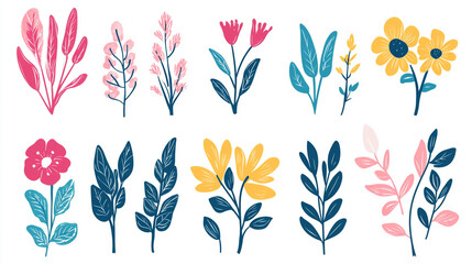 Set watercolor elements of pink roses; collection garden flowers; leaves; branches. Botanic Wedding floral design. Collection of greenery leaf plant forest herbs tropical leaves.	
