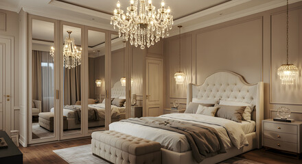 Sophisticated Bedroom Interior Adorned With Crystal Chandelier And Mirrored Doors