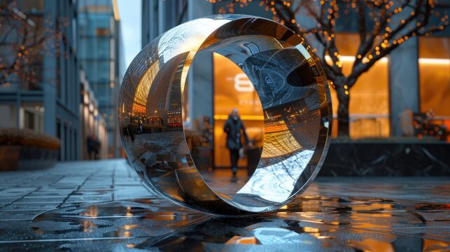 A shiny stainless steel ring gleams on a modern street, reflecting people and buildings in overcast light