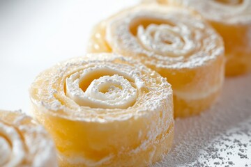 Delicate Spiral Rolls of Creamy, Citrus-Infused Delight on a Dainty, Powdered Surface