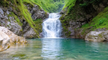 A pristine waterfall cascades into a tranquil pool. Surrounding rocks are mossy and lush. The image is high-resolution, with natural lighting. Its serene style evokes peace. Cool blues and greens d