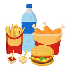 Fast Food Combo - Crispy Chicken, Hamburger, Soda, and French Fries. Vector Illustration