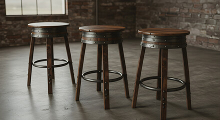 Rustic Three Barstools Crafted from Wine Barrels on Industrial Setting