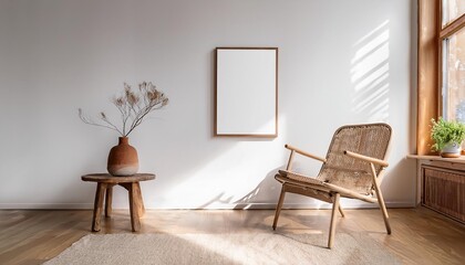 Empty White Wall Mockup in Farmhouse Interior with Armchair and a Wooden Side Table. Natural Daylight From a Window. Promotion Background.