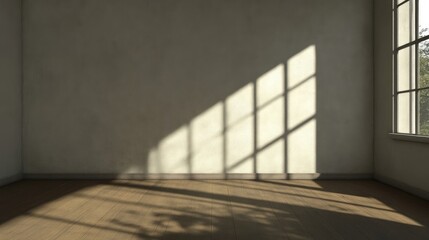 Empty room with sunlight casting shadows on a pale wall