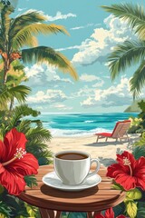 Obraz premium A sunny beach scene with coffee and beautiful tropical flowers