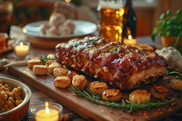 A flavorful roasted pork dish accompanied by scallops and warm candles creates an inviting atmosphere for dining