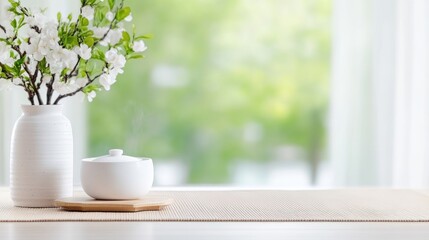 Peaceful, minimalist decor on a table by a window, featuring delicate white flowers in a vase and a small white bowl