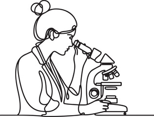 Female Scientist Researching with Microscope - Vector Line Drawing