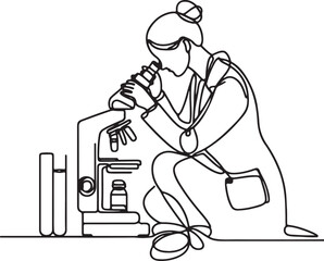 Female Scientist Researching with Microscope - Vector Line Drawing