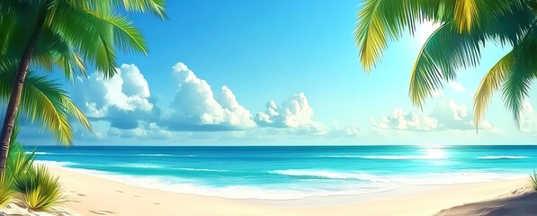 Fototapeta premium Tropical beach with sunlight, turquoise sea, white sand, palm trees, bright blue sky, relaxed joyful atmosphere, natural landscape composition with vibrant colors.