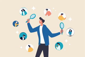 Recruitment finding candidate for job applicant, human resources HR analyze or scan candidate winner, search new people for job opportunity concept, HR recruiter magnifying glass analyze candidate.