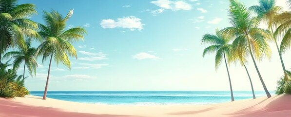 Fototapeta premium Tropical beach with sunlight, turquoise sea, white sand, palm trees, bright blue sky, relaxed joyful atmosphere, natural landscape composition with vibrant colors.