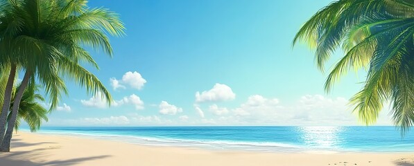 Obraz premium Tropical beach with sunlight, turquoise sea, white sand, palm trees, bright blue sky, relaxed joyful atmosphere, natural landscape composition with vibrant colors.