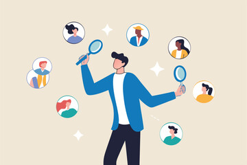 Recruitment finding candidate for job applicant, human resources HR analyze or scan candidate winner, search new people for job opportunity concept, HR recruiter magnifying glass analyze candidate.