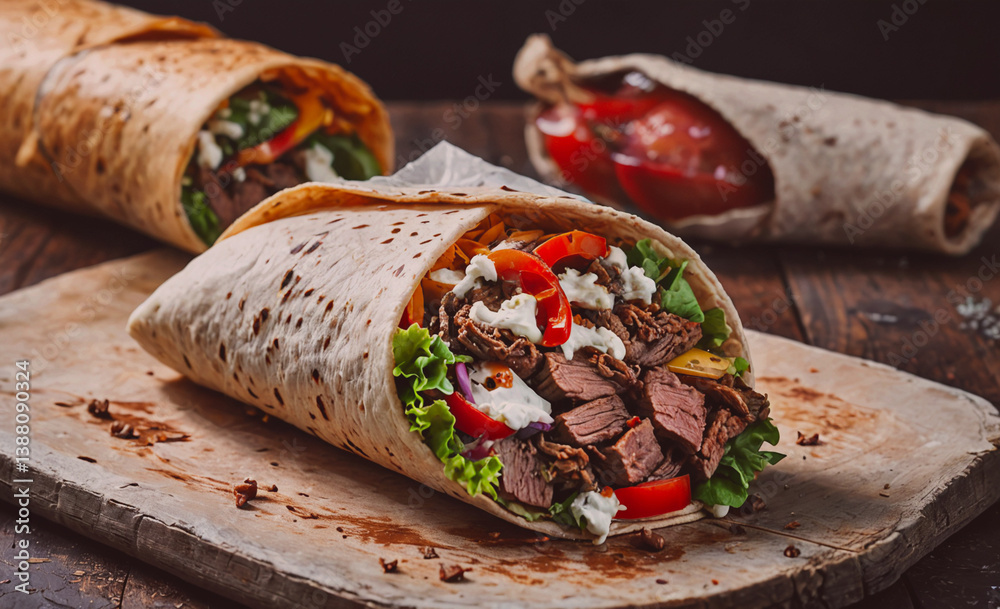 Poster burrito with meat and lettuce is on a wooden table. there is a bottle of ketchup next to it
