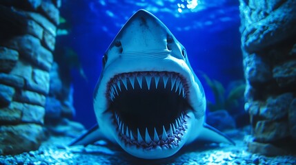 Great White Shark Aquarium Closeup.