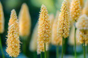 The Delicate Beauty of Pale Yellow Kniphofia Flower Spikes in a Vibrant Garden Setting