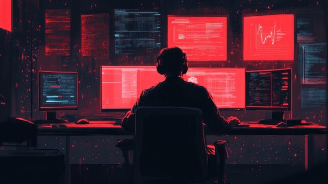 Person Coding with Multiple Computer Screens Displaying Information at Night