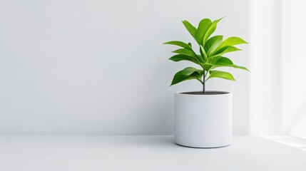 Fresh plant in a white pot against a light gray wall