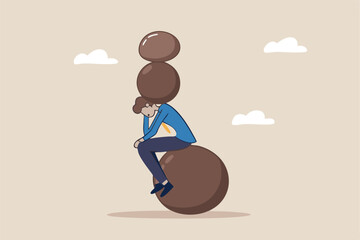 Burden, obligation to pay off, heavy stress, problem or difficulty, work pressure, thinking to make a decision, overload of duty or overthinking concept, a businessman thinking with a he boulder rock. © Sector30