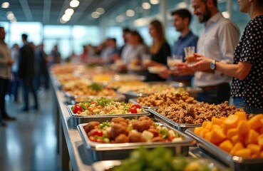 Office celebration with buffet of tasty food. Colleagues, team members enjoy lunch during Employee Appreciation Day. Corporate event with various dishes, drinks, joy, happiness. Business, workplace.