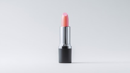 Fototapeta premium Pink Lipstick Tube on White Background Minimalist Product Photography High-Resolution Studio Lighting Vertical Centered Shot Matte Finish Cosmetics Branding Soft Pink Hues Perfect for Beauty Ads
